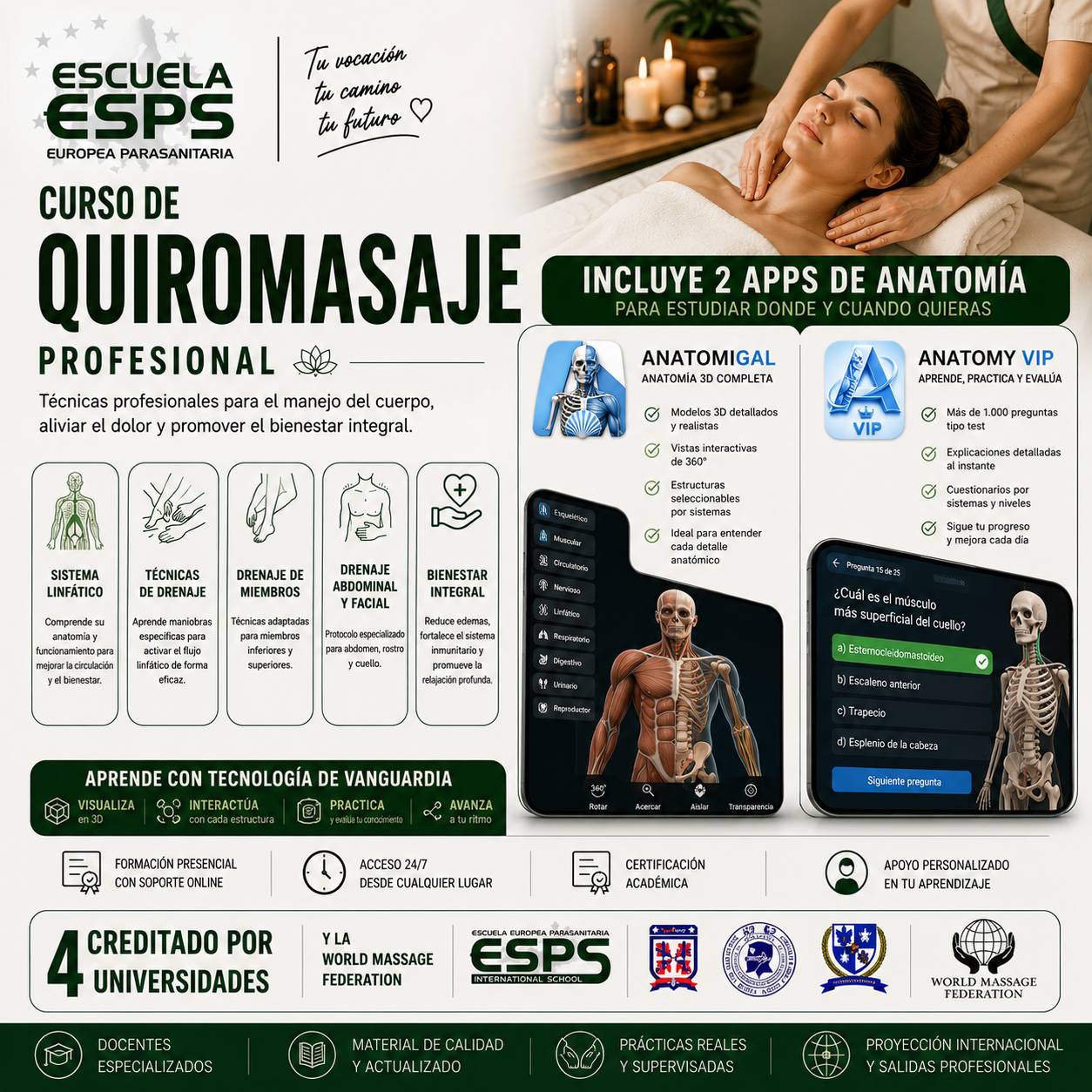 curso de quiromasaje y masaje deportivo en Vigo de ESPS es una de las formaciones más completas, prestigiosas y orientadas al empleo disponibles en Galicia